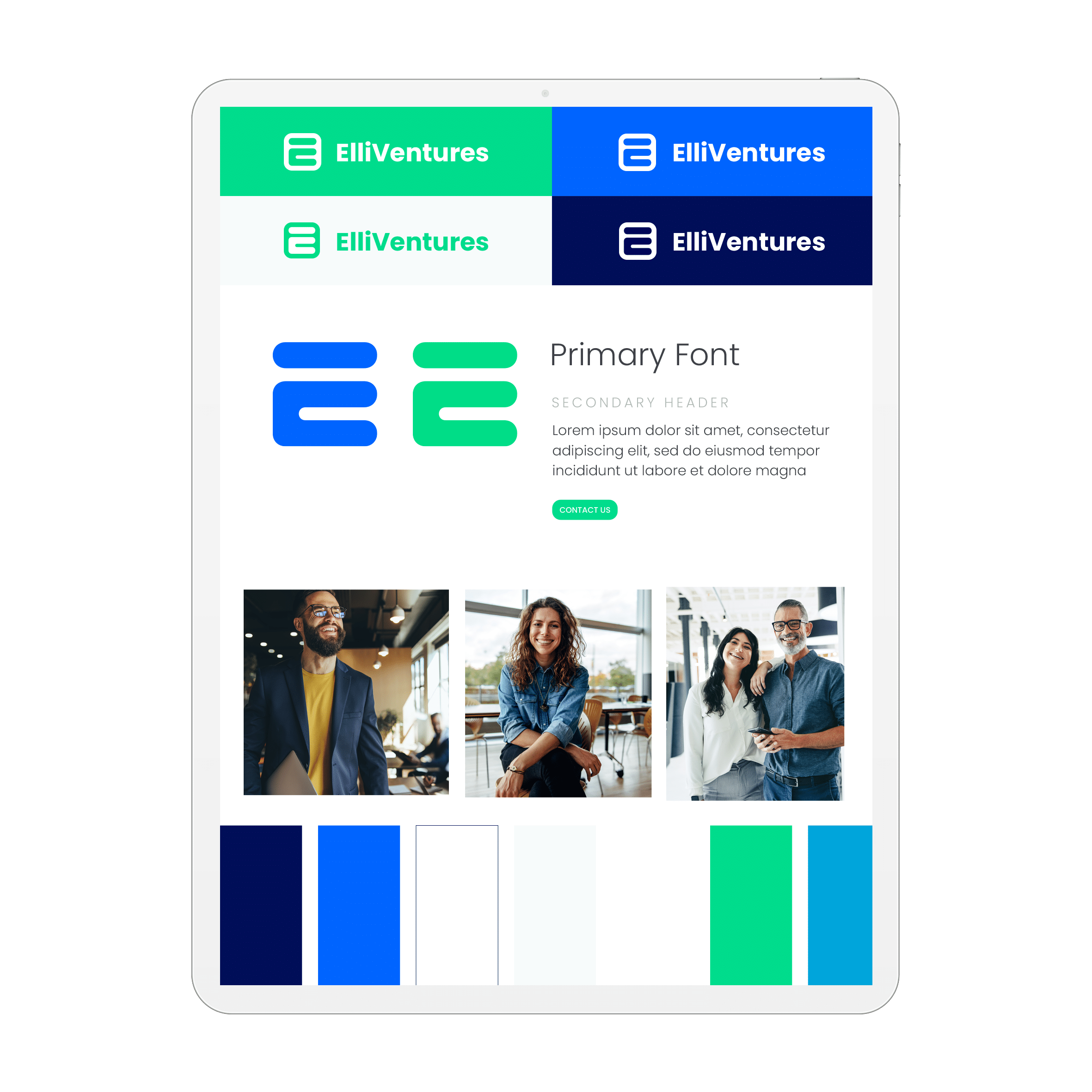 Blue and green brand identity board with logos, typography and colour palette.