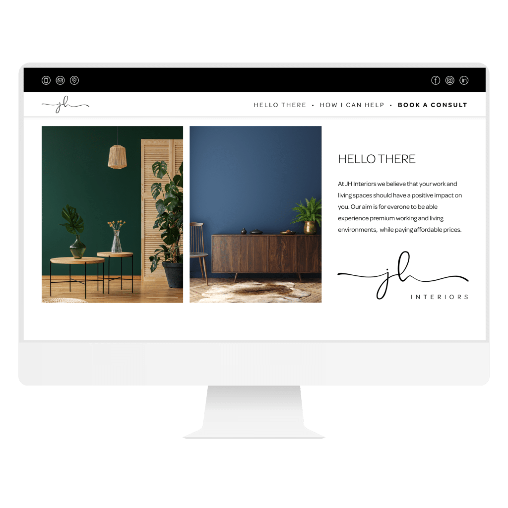 Interior design website displayed on a desktop computer.