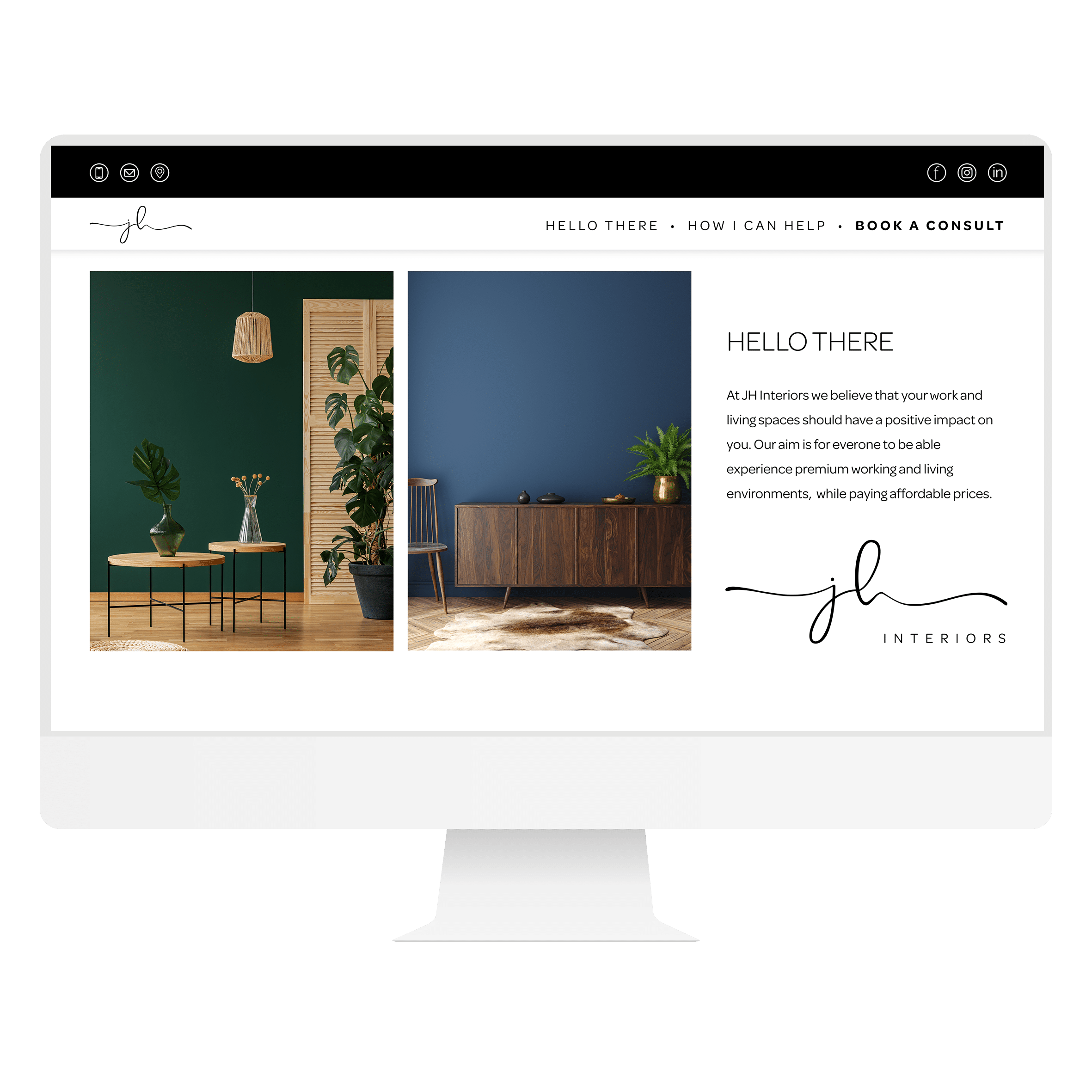 Interior design website displayed on a desktop computer.