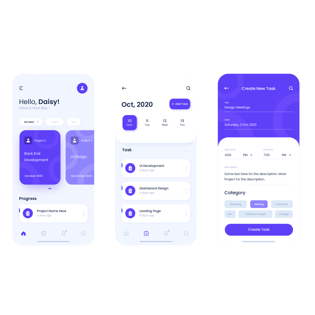 Three purple and white mobile application interface screens.