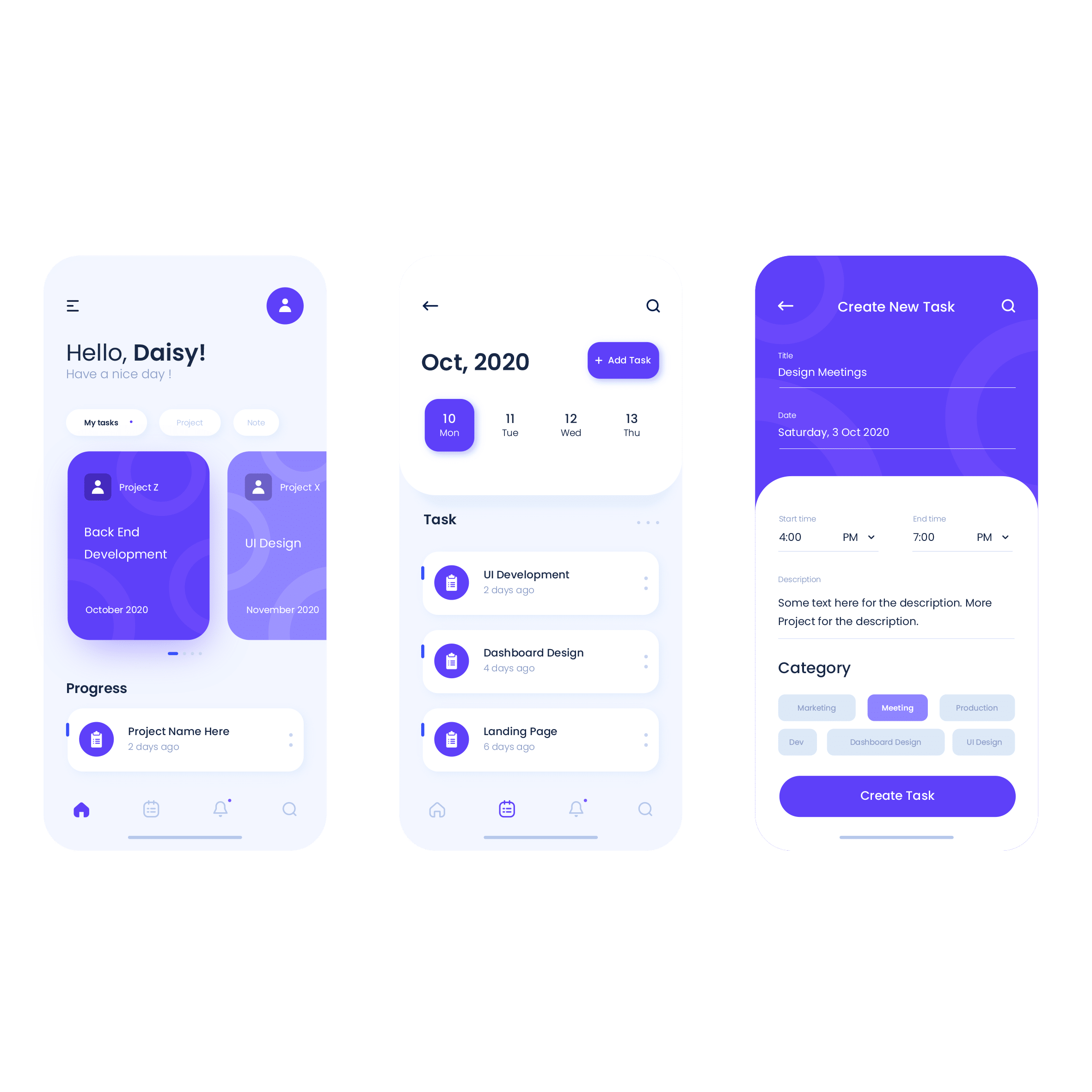 Three purple and white mobile application interface screens.
