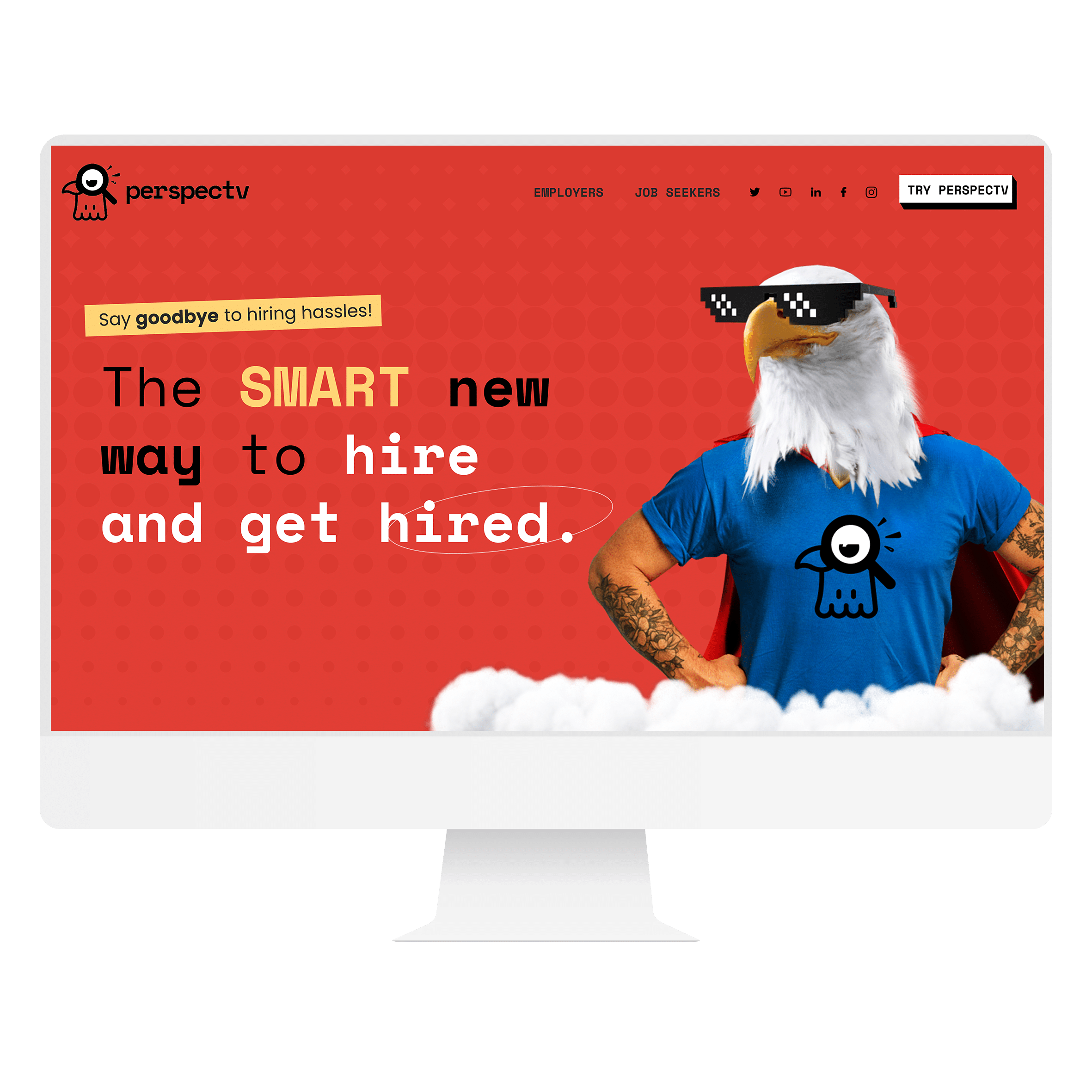 Red recruitment website design displayed on a desktop computer.