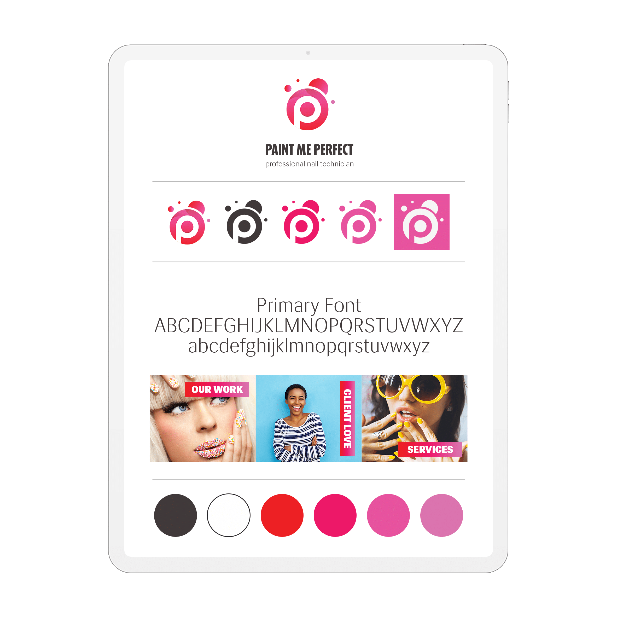 Brand identity board with a pink monogram, typography, photography and colour palette.