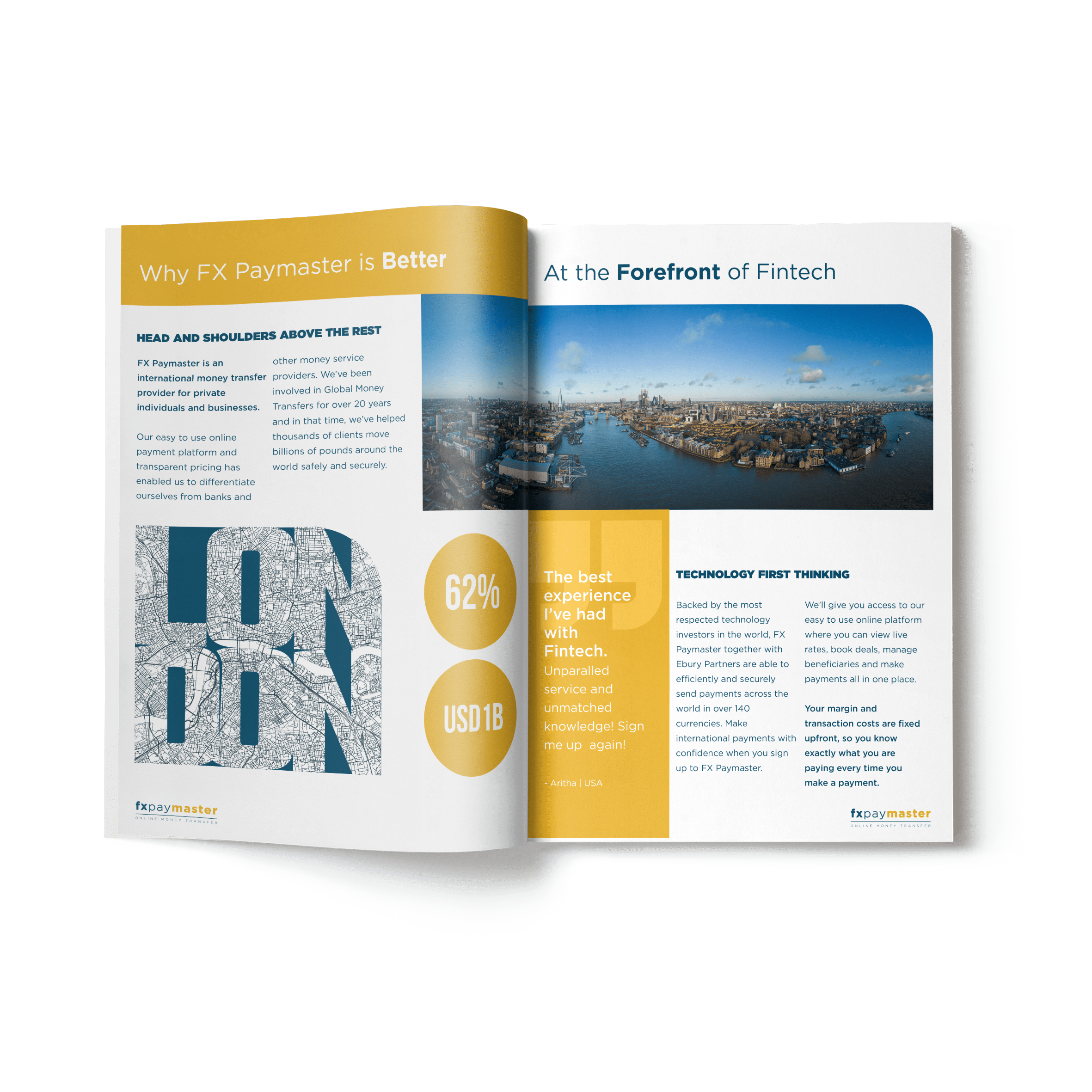 Open magazine with editorial layouts, typography and landscape photography.