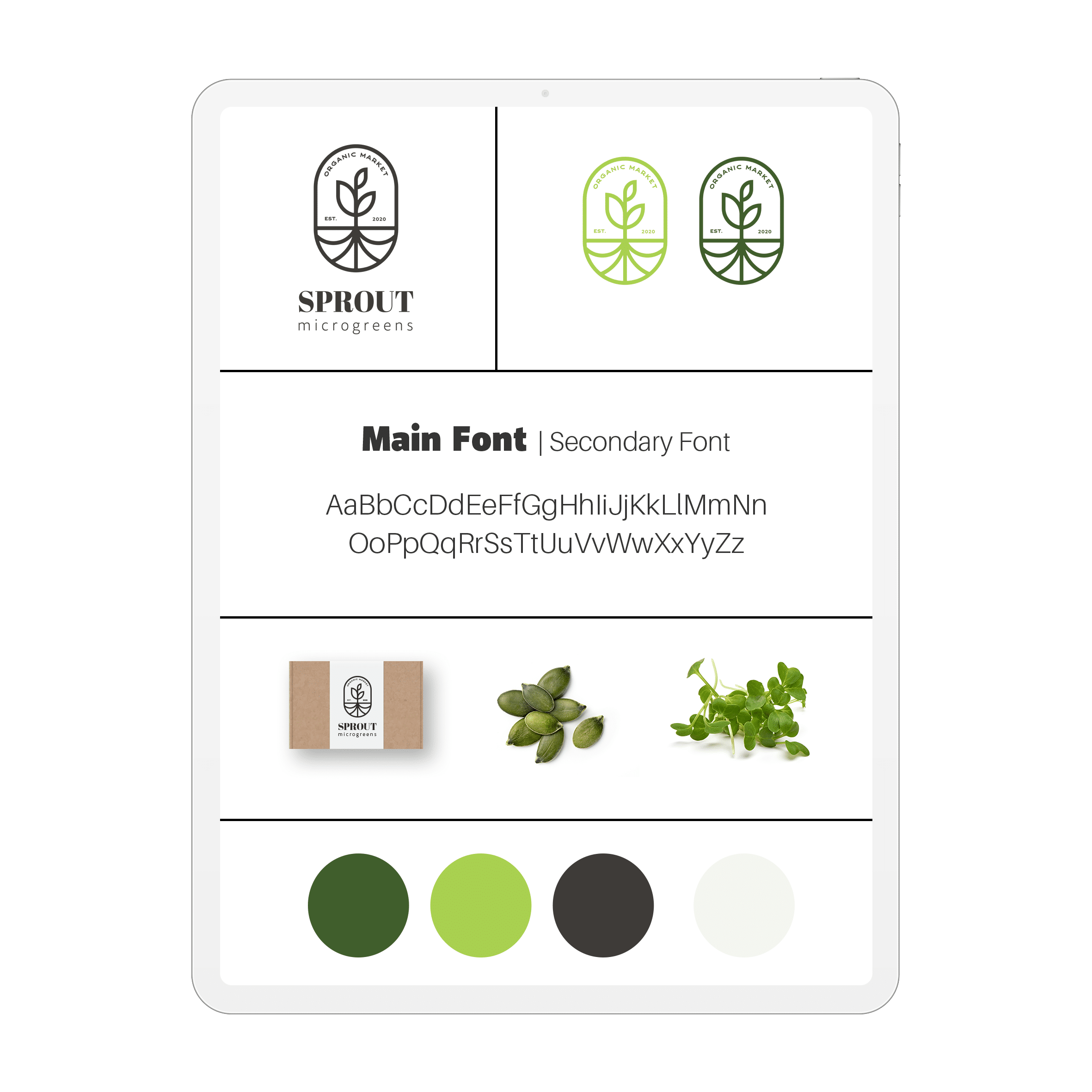 Botanical brand identity board with logos, typography and a green colour palette.