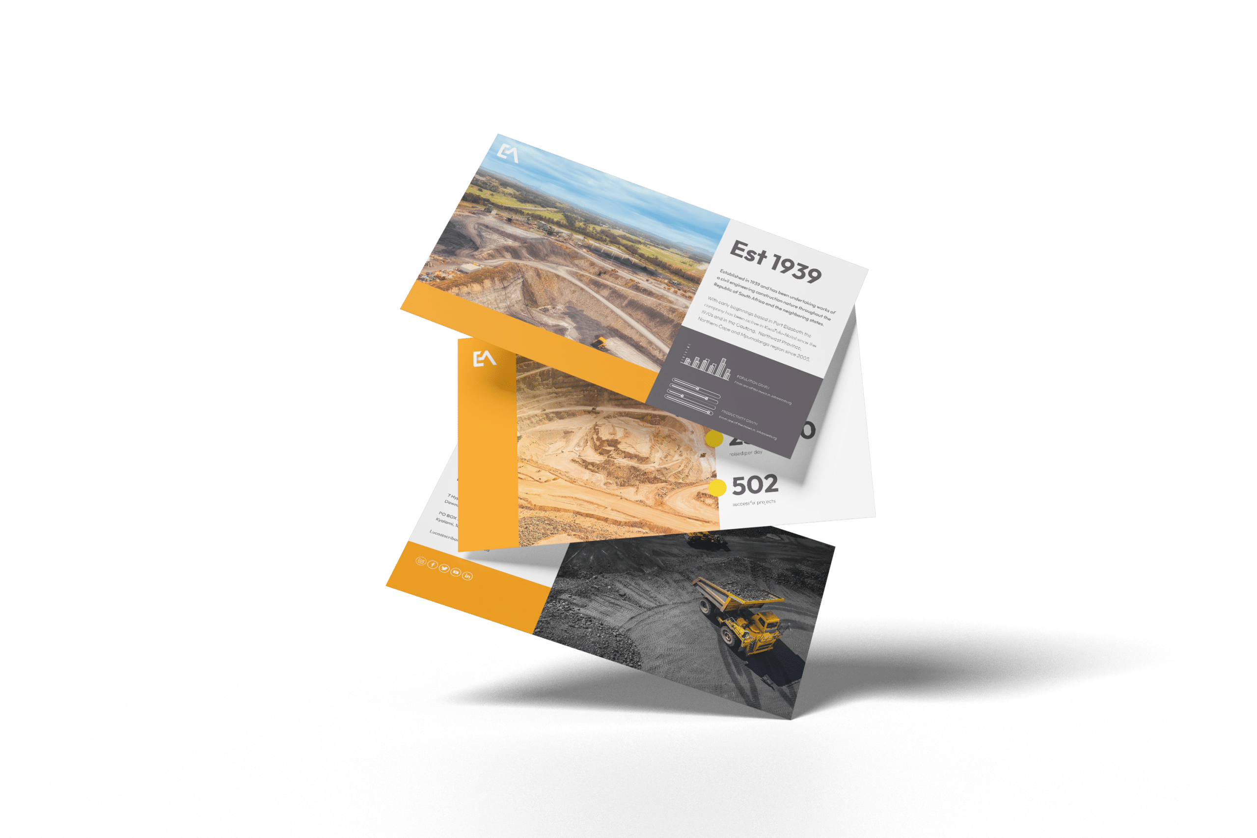 Folded printed brochure with landscape photographs and yellow design accents.