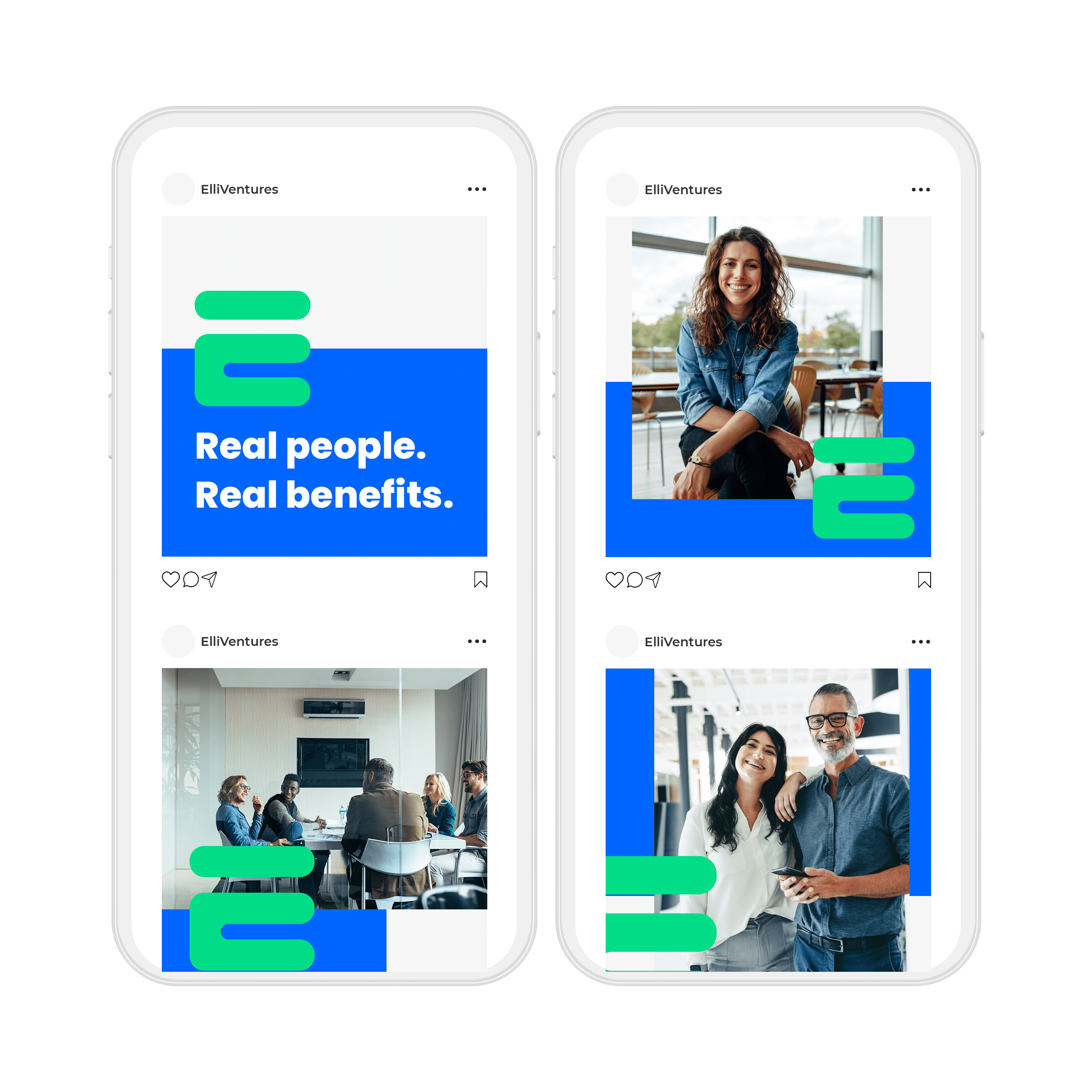 Coordinated blue and turquoise social media campaign shown on four mobile screens.