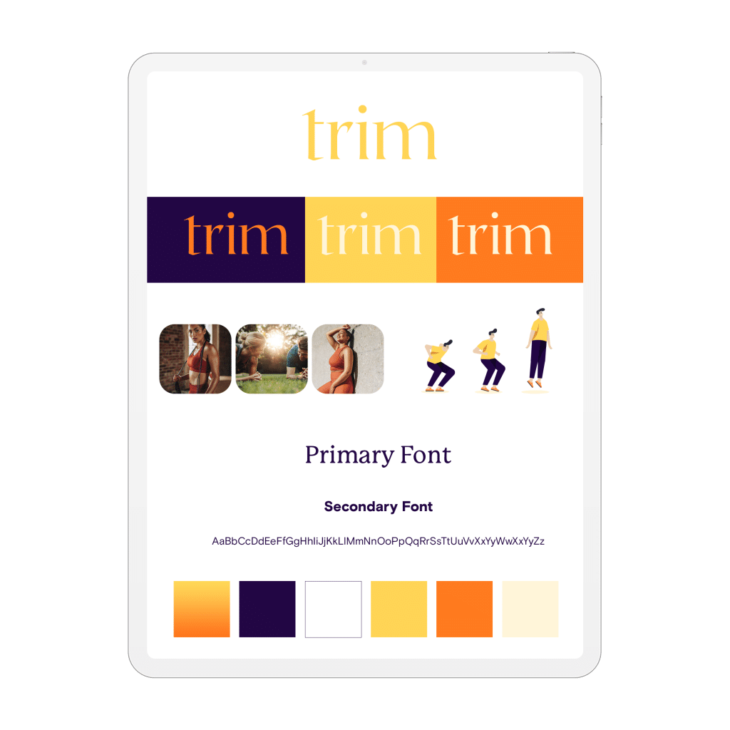 Trim brand identity board with purple, orange and yellow logo, typography and colour palette.