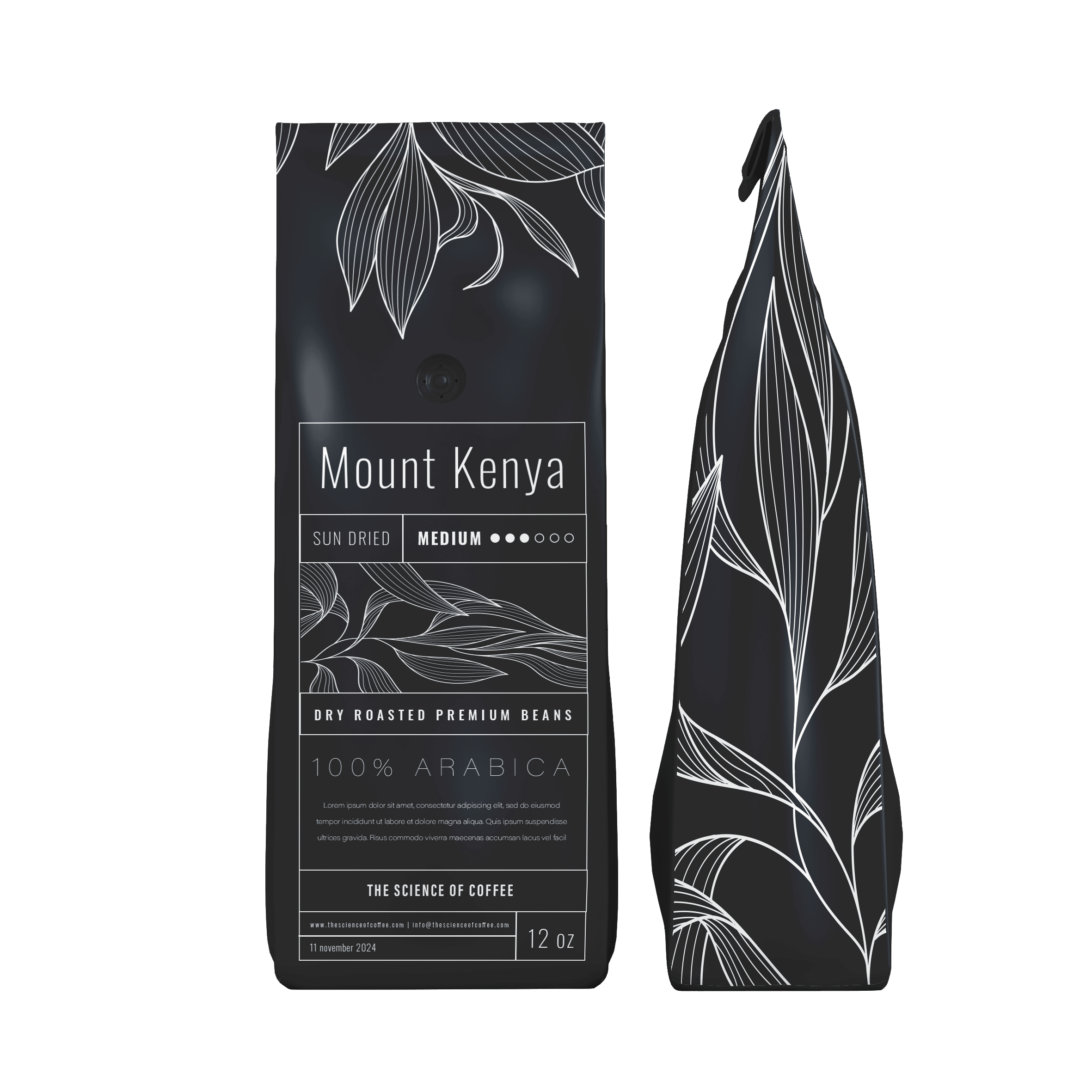 Coffee packaging with coordinated dark botanical label designs.