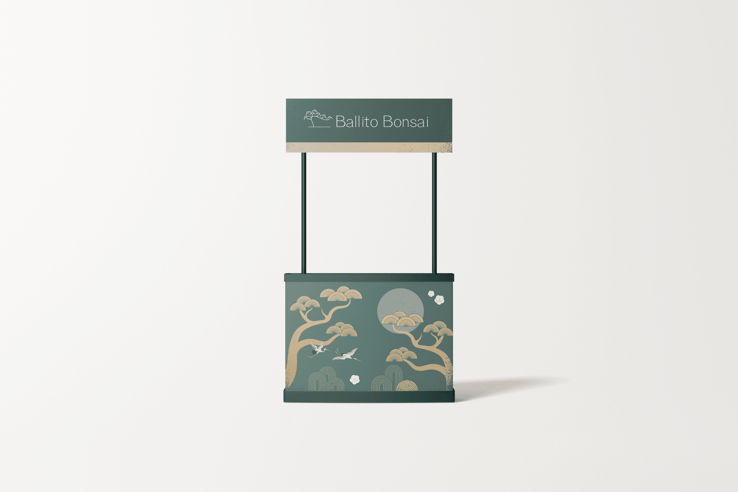 Branded retail counter display with an overhead sign and botanical graphics.