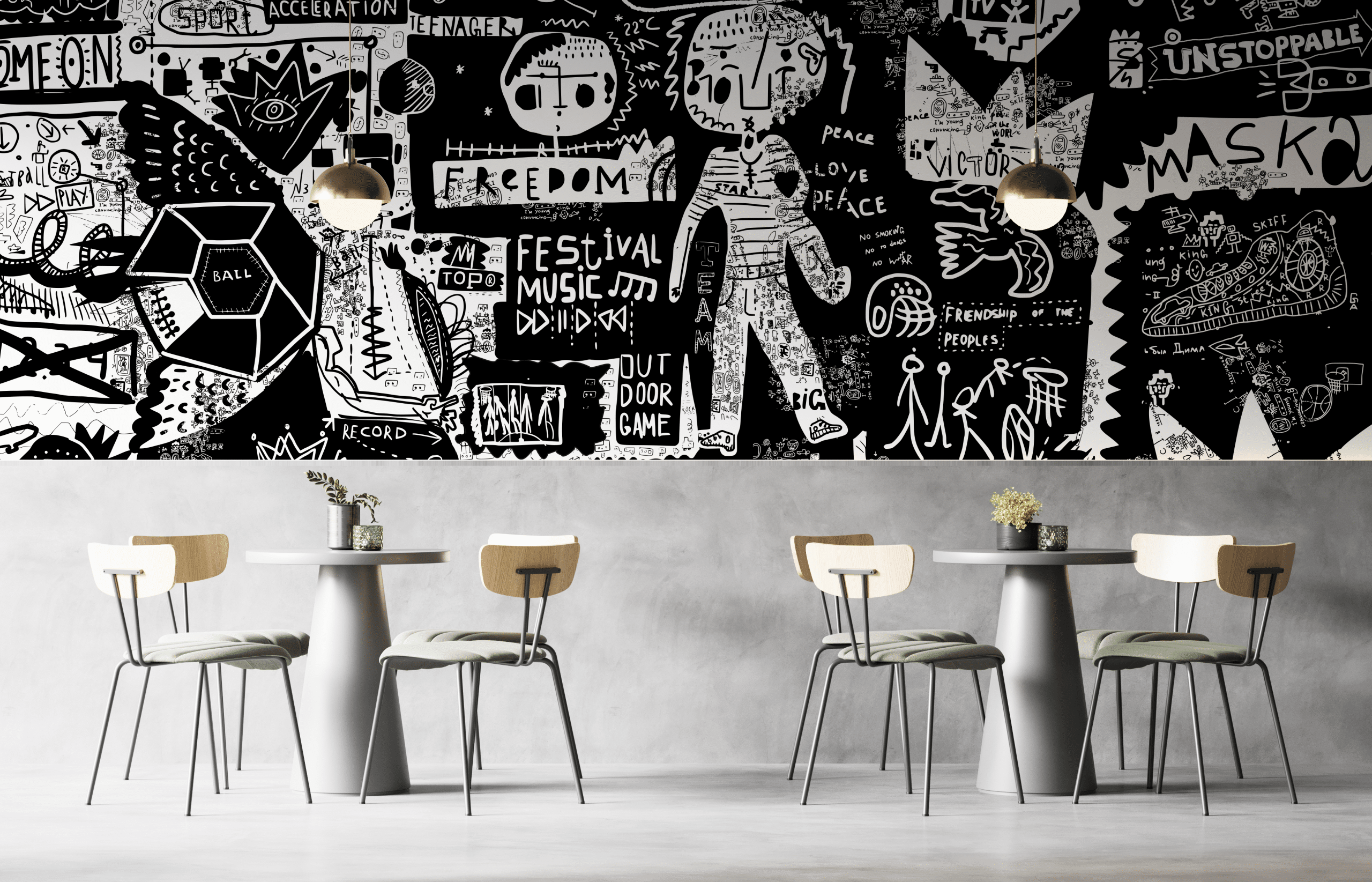Cafe interior with a black and white illustrated feature wall.