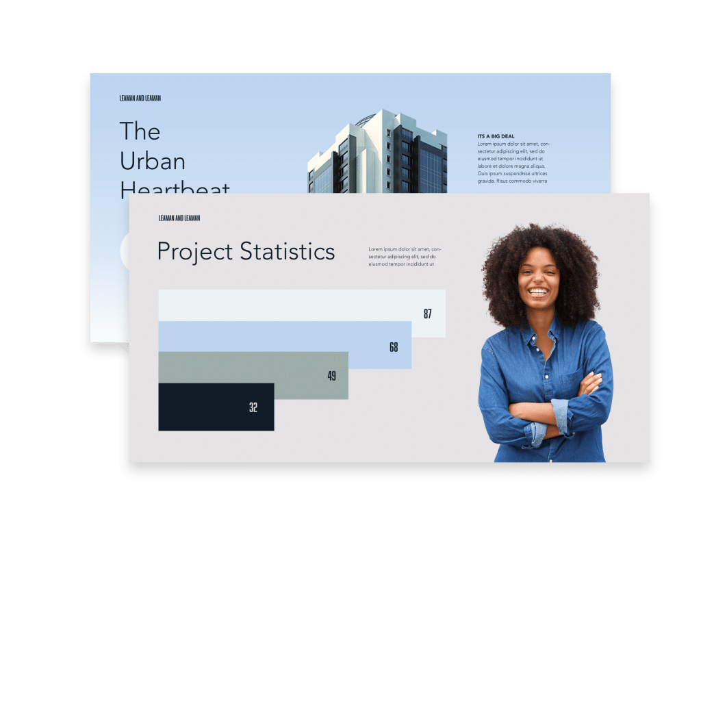 Company profile presentation with project statistics and business photography.
