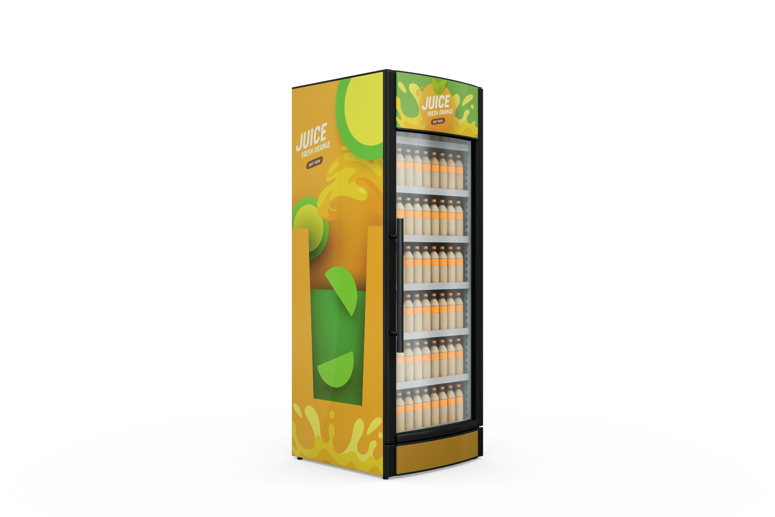 Branded drinks refrigerator with yellow and green promotional graphics.