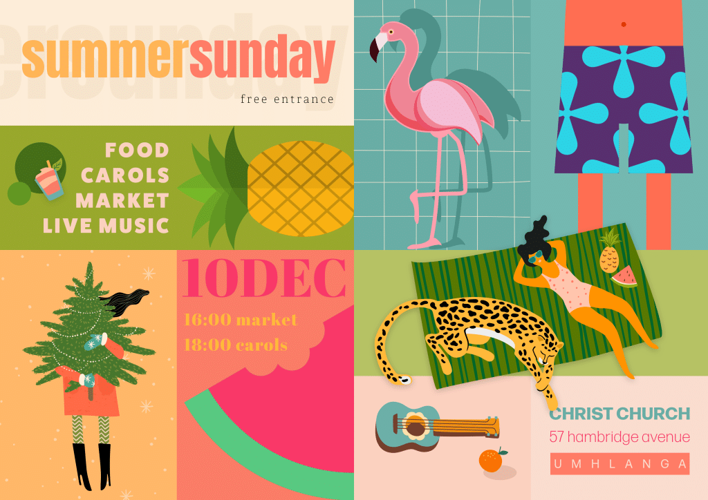 Colourful Summer Sunday illustration with a flamingo, leopard, fruit and musicians.
