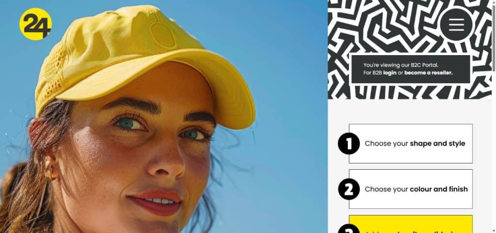 Headwear 24 website design with yellow cap campaign imagery and customisation steps