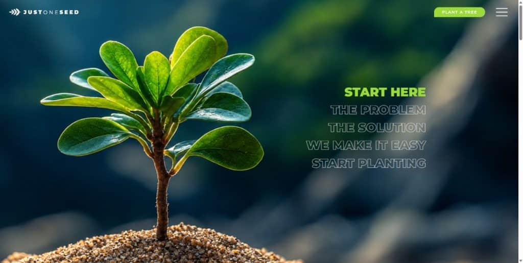 Just One Seed sustainability website with a young tree hero and section navigation