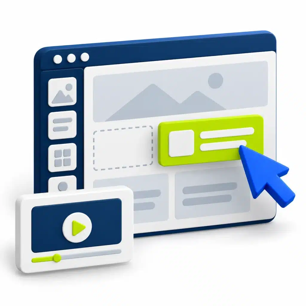 Website editing interface with movable content block and tutorial card.