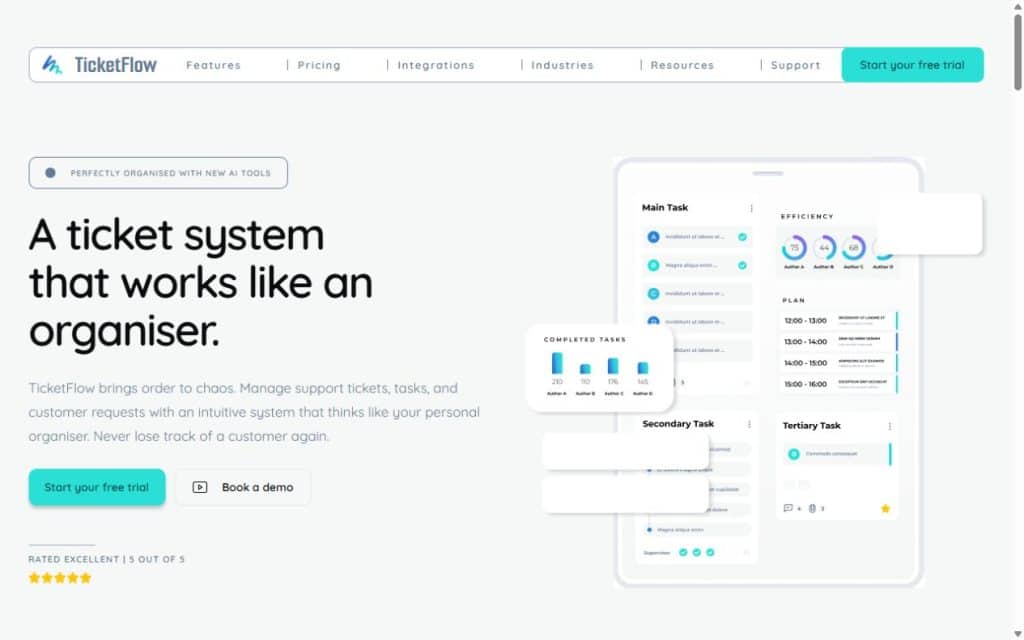 TicketFlow SaaS marketing website with a product interface and turquoise enquiry buttons